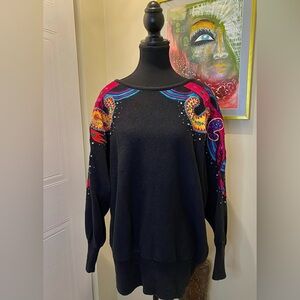 Vintage JP Collections black knit sweater, rhinestone & embroidery/ Circa 1980’s